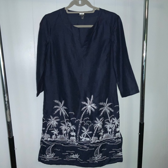 Talbots Navy Blue Embroidered Beaded Linen Shift Dress Size XS tropical beach - Picture 2 of 9